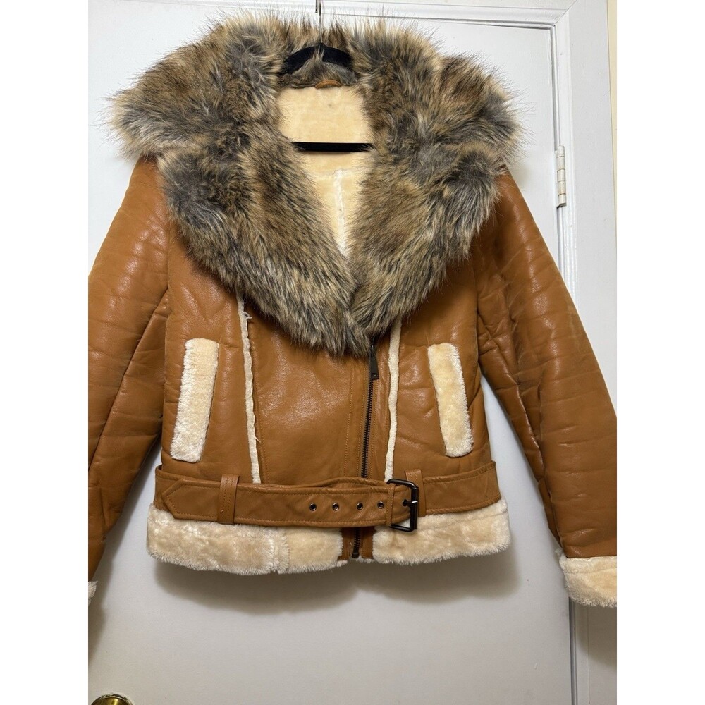 Dakoma Shearling Faux Fur Belted Women's Bomber Jacket Size M
